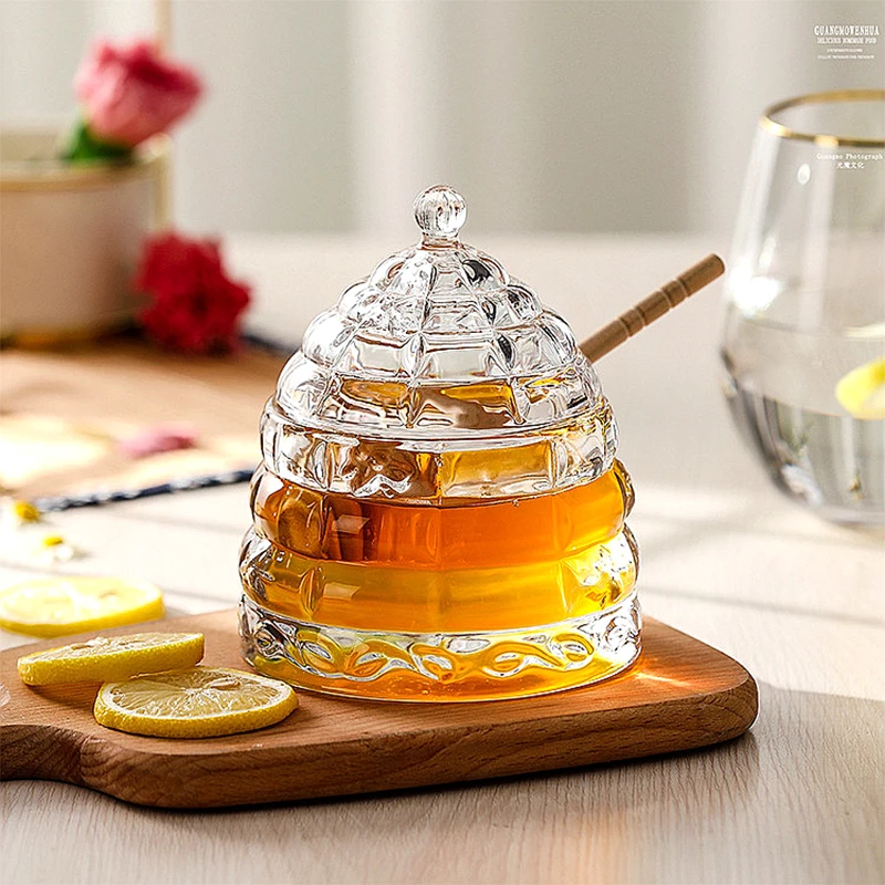 

X12 Beautifuly HoneyComb Shape Glass Honey Bottle With Honey Dipper Clear Glass Storage Jar Syrup Can Honey Jar