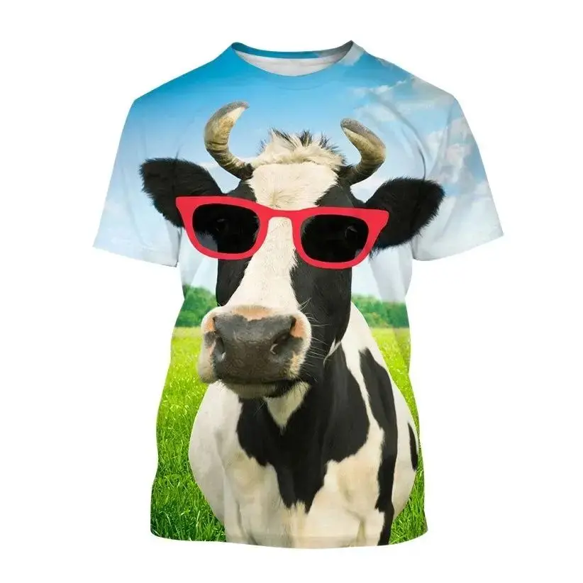 Summer Men\'s Trend Funny Cow Pattern 3d Printed O Collar Short Sleeve Loose Funny Funny Street Plus Size Loose Breathable Top