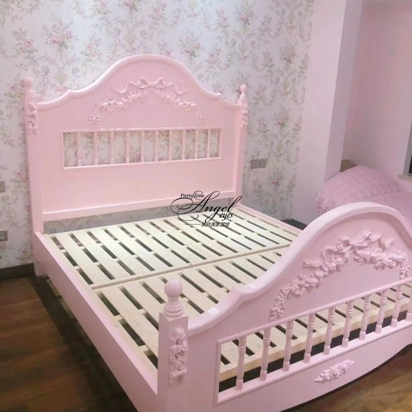 Fo French Vintage Solid Wood Princess Bed, Carved Pink Frame 1.5m/1.8m for Bedroom