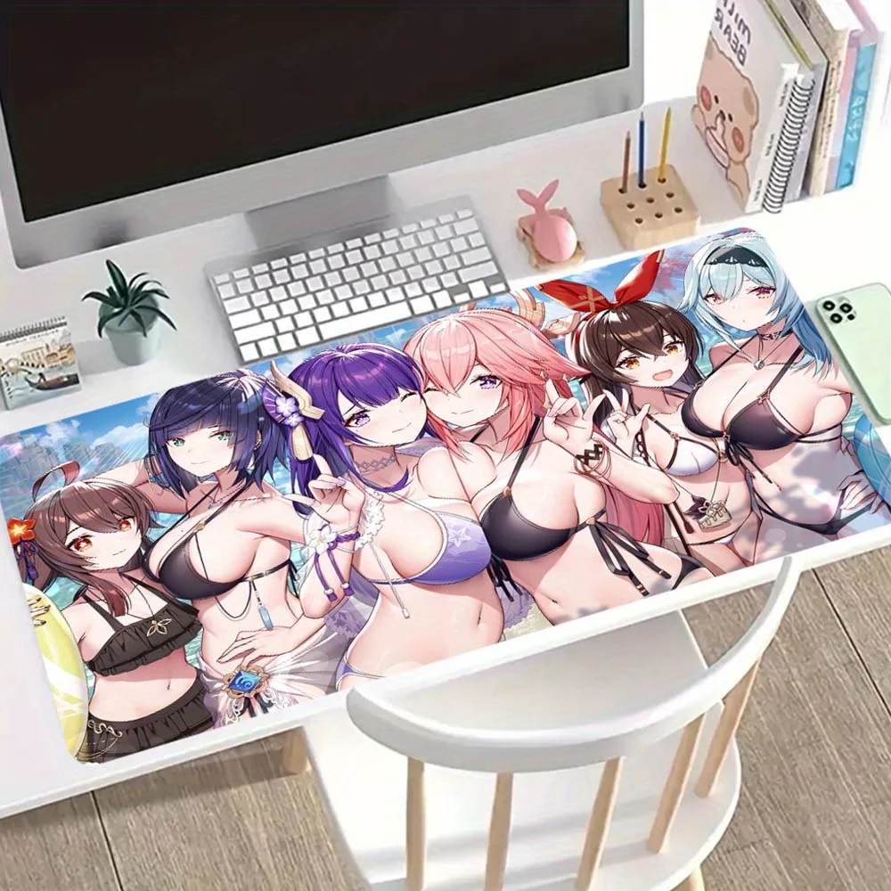 لوحة ماوس أنيمي للفتيات على الشاطئ، حصيرة مكتبية كبيرة، حصائر ألعاب، ملحقات الكمبيوتر، وسادات توسيع لوحة المفاتيح، حافة قفل مطاطية مضادة للانزلاق #2
