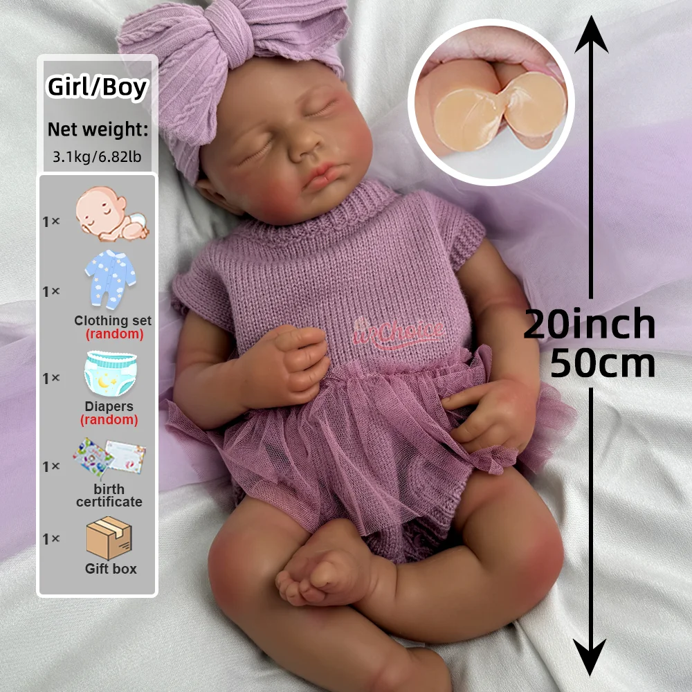 Boneca reborn de silicone realista, 20 polegadas, artesanal, macia, recém-nascida, preta, menina, para coleção de arte, projetos diy e presentes para o dia das crianças