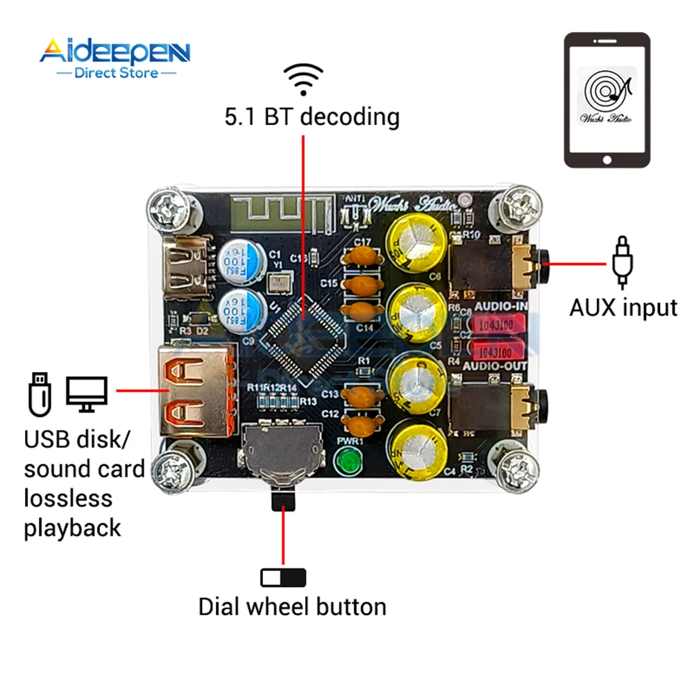 เครื่องรับสัญญาณเสียง DC 5V Hifi5.1 ZK-PT2 Lossless Fever, บอร์ดถอดรหัสบลูทูธเครื่องเล่นสัญญาณเสียงพร้อมเสาอากาศ TYPE-C USB