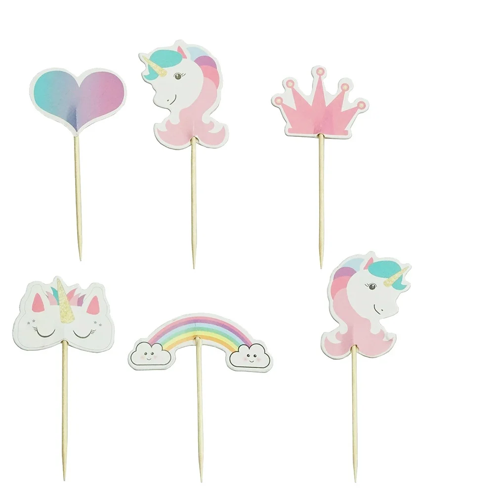 

24pcs Unicorn Cake Toppers Cloud Shape Decoration Picks For Kids Birthday Party Baby Shower Animal Cupcake Flags Dessert Food