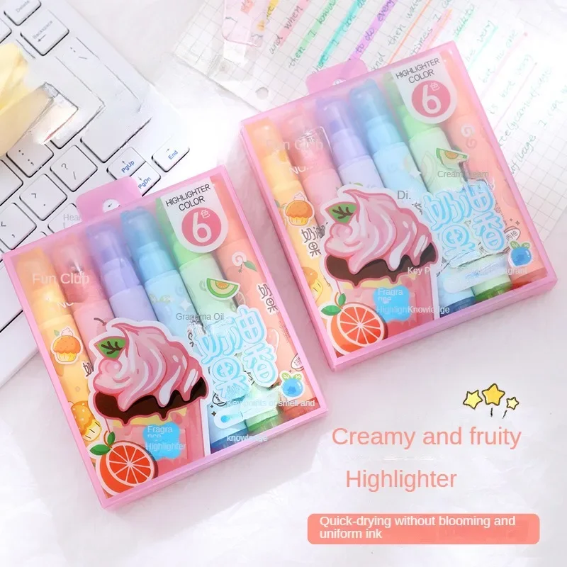 6pcs Creamy Fruity Aroma Highlighters Pastel Cute Highlighter Assorted Colors Dry Fast for Bible Journal School Office Supplies