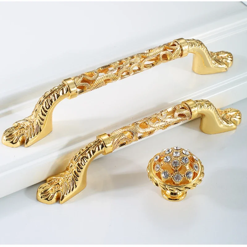 Golden Handle Crystal Drawer Glass Cabinet Kitchen Decorative Hardware Hollowed Out Pull Furniture Knob Fittings Accessories