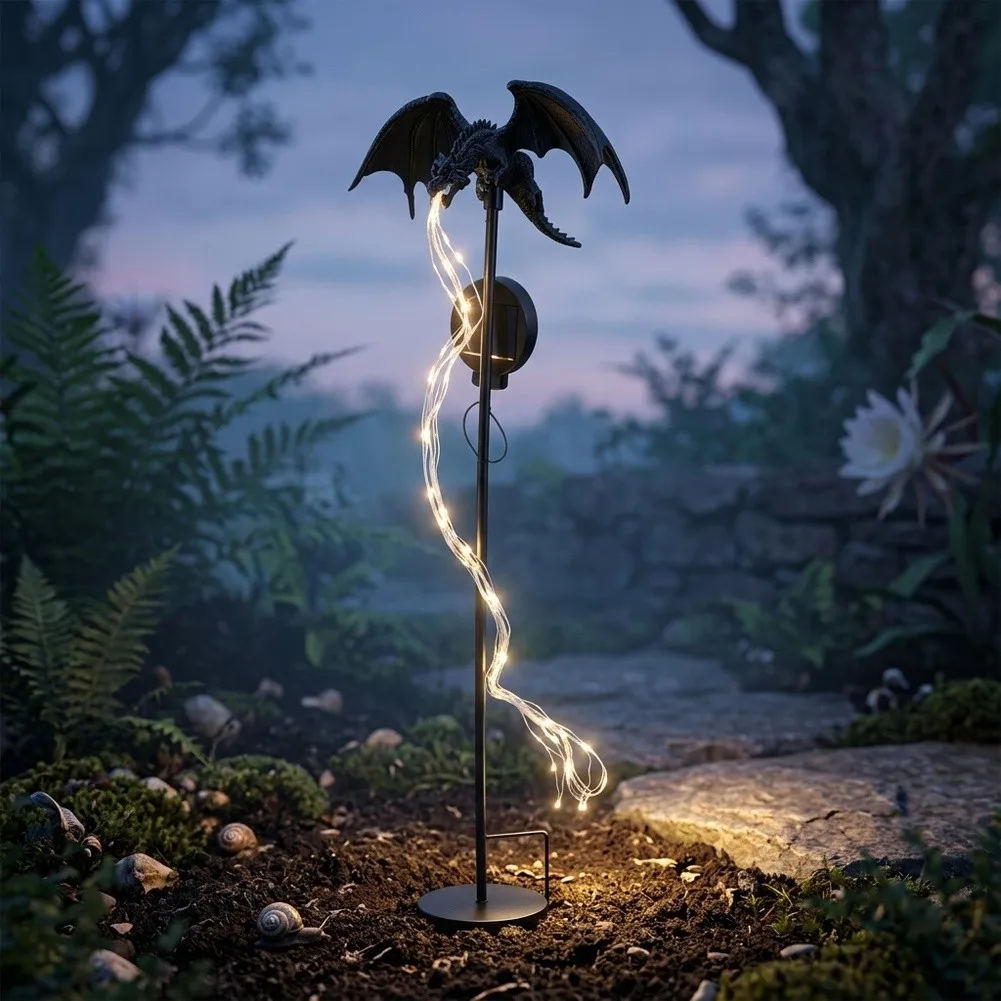 Dragon Themed Solar Garden Stake Light with Fiber Fire Simulation and Stable Long Term for Yard and Lawn Areas