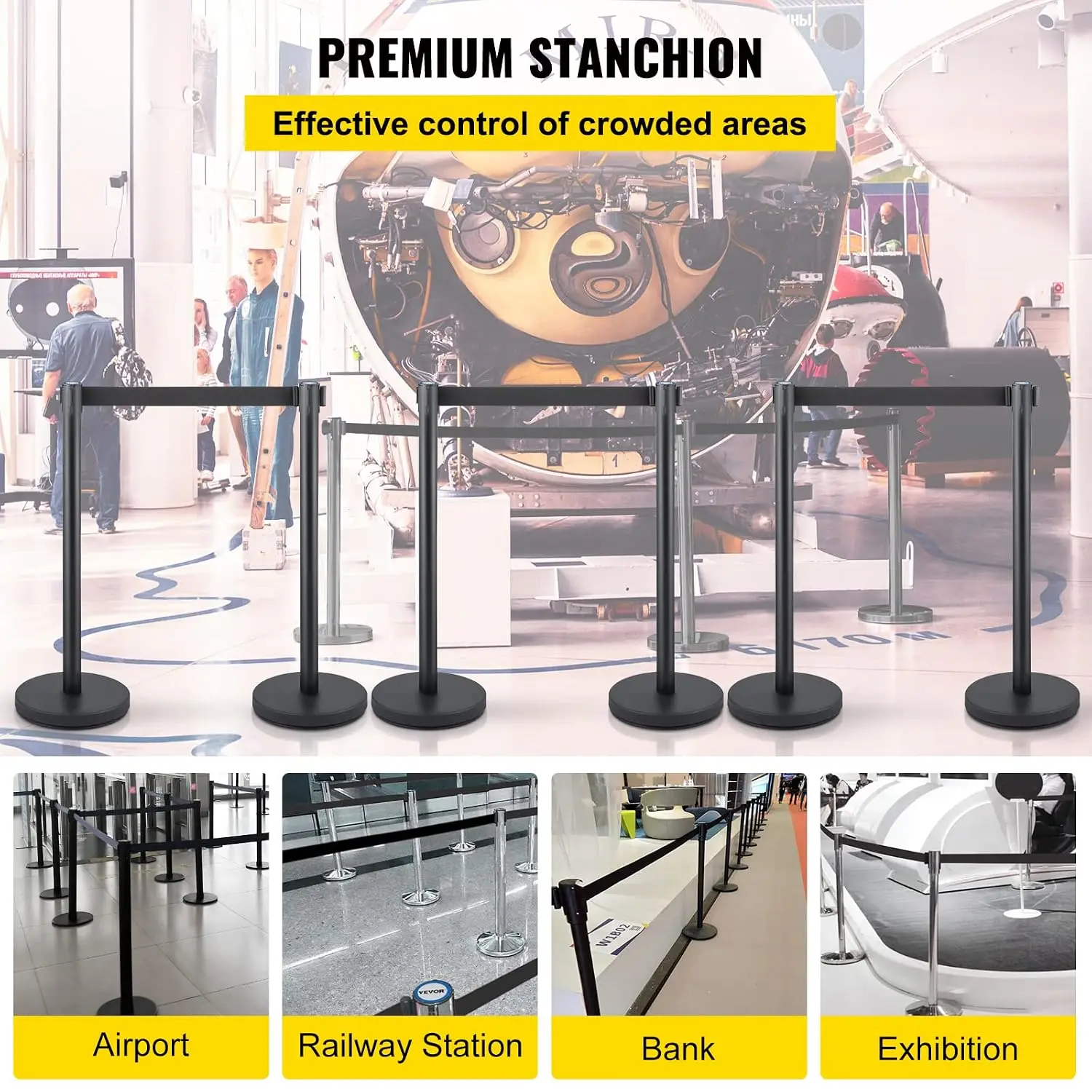 Crowd Control Stanchion Set, Stanchion Set with 6.6 ft/2 m Black Retractable Belt, Black Crowd Control Barrier w/Concrete and So