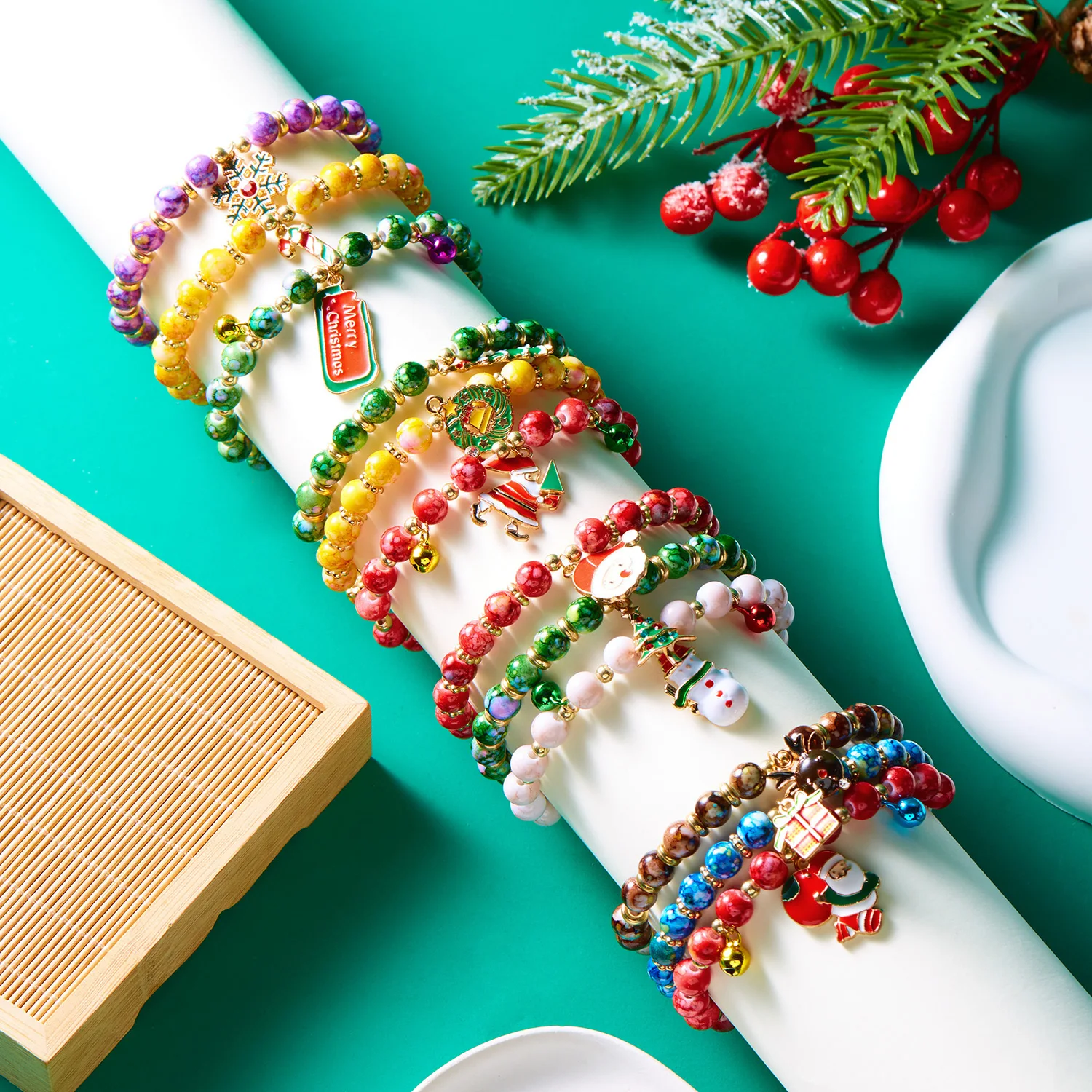 3Pcs Christmas Bracelet Set For Women Men Colorful Beaded Xmas Tree Snowman Santa Claus Snowflake Deer Bangles Festival Jewelry