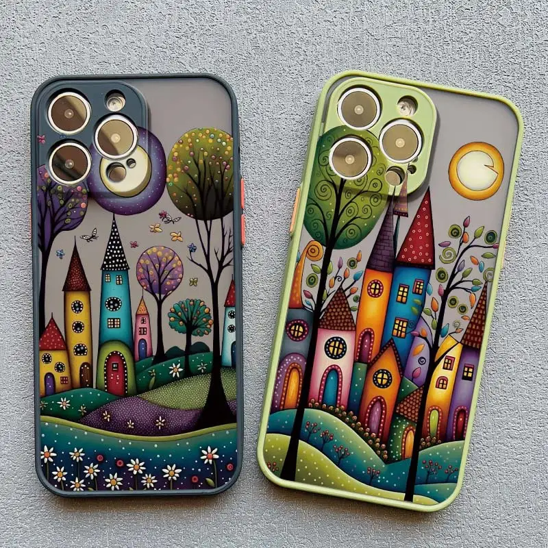 Hand Painted Forest House Phone Case For iphone 11 13 12 Pro Max Mini 16 15 14 Pro Max Plus X XR XS 7 8 Plus Shockproof Cover