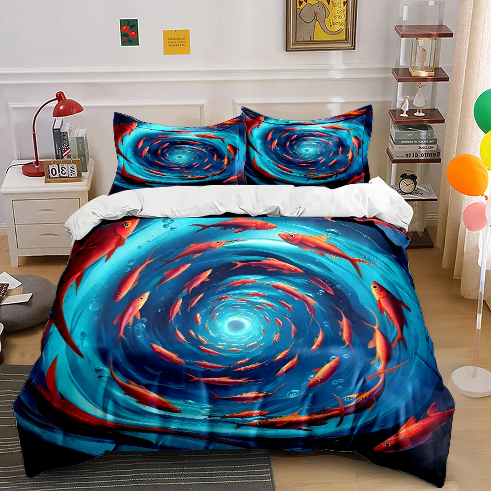 Red fish swirling underwater depths Print Soft Comfortable Duvet Cover Bedding Set Included 1*Duvet Cover  2*Pillowcases