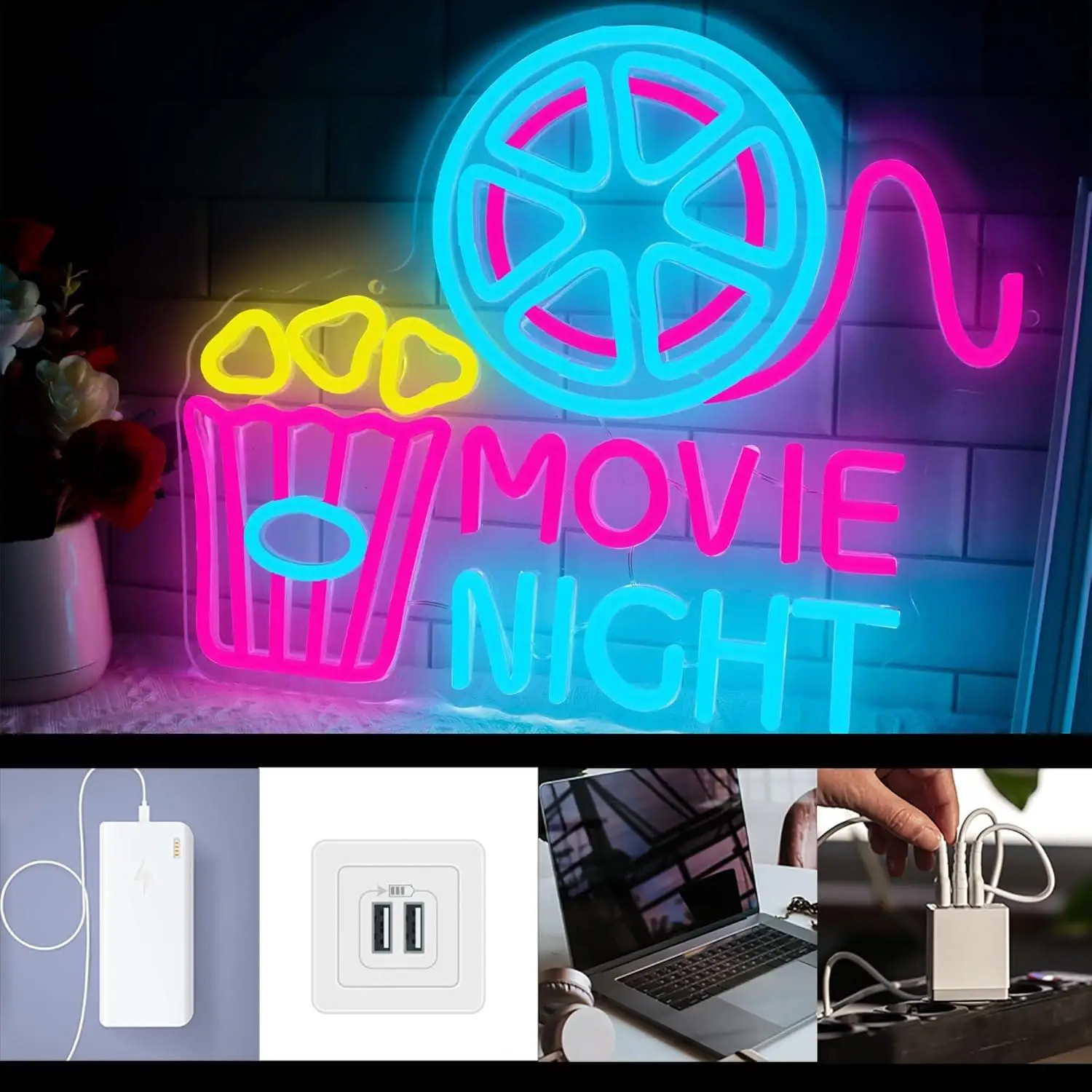 Movie Night With Popcorn Paper Box Neon Sign USB Dimmable Neon Lights for Film Room Cinema Man Cave Party Birthday Wall Decor