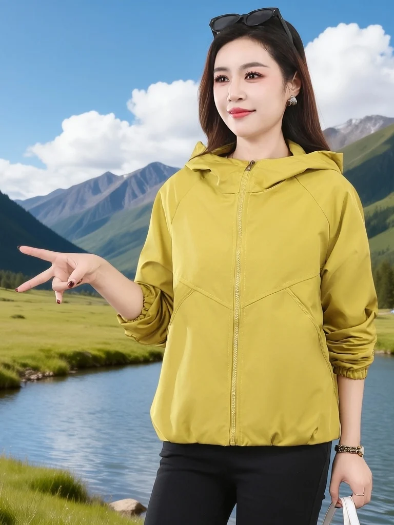 Women's Casual Short Breathable Windproof Jacket Spring Autumn Double Layer Lightweight Polyester Fabric Fashionable Loose Fit