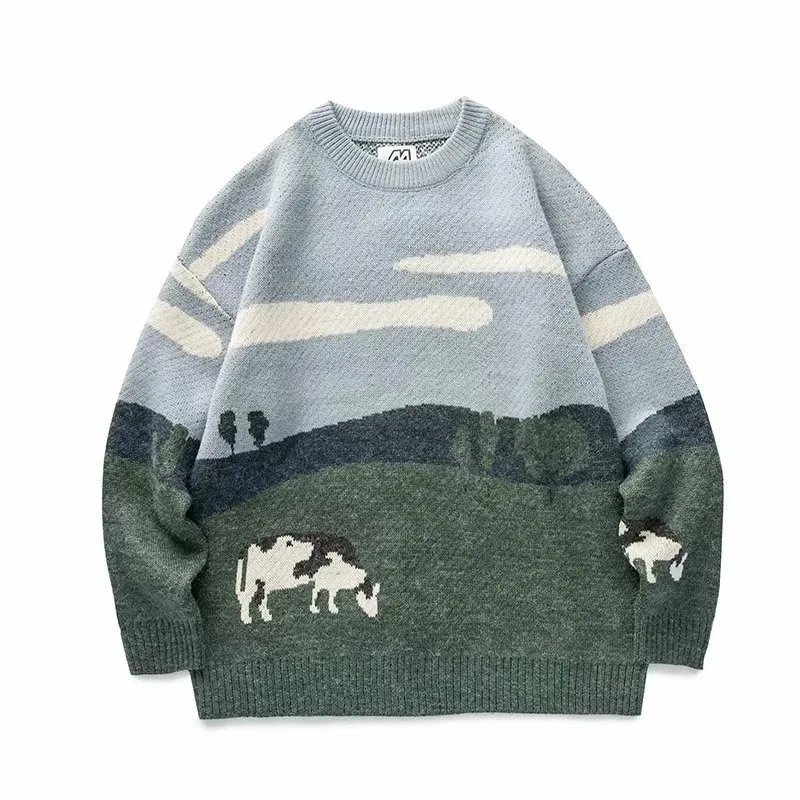 KIDWHXR Herren Herbst Strickpullover Koreanischer Stil Bedruckter Rundhals-Pullover Locker Sitzender Langarm-Komfort-Pullover für Männer – Detail 4