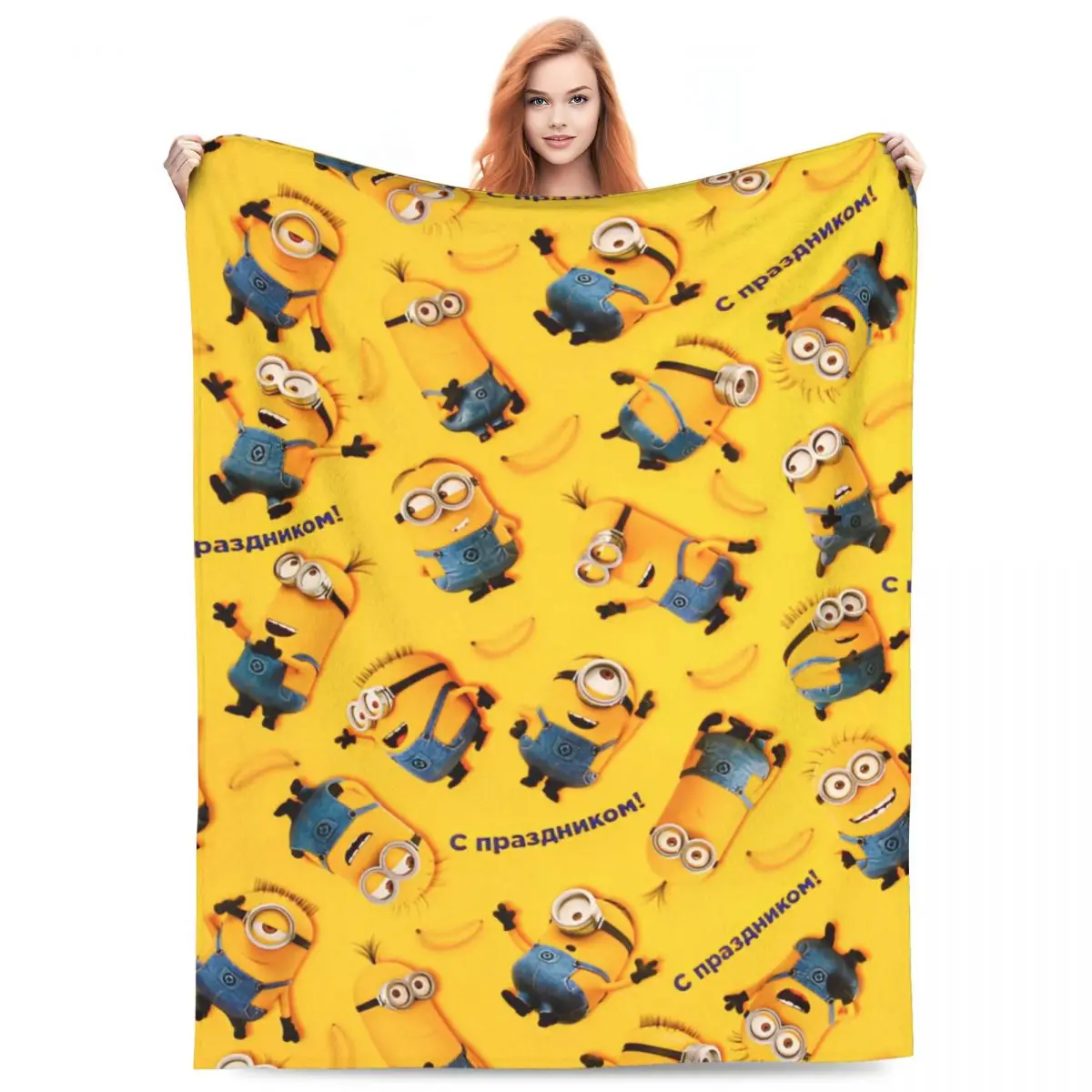 Super Warm BlanketsGirls Boys Camping MINISO Minions Yellow Throw Blanket Flannel Bedspread For BedroomFunny Sofa Bed Cover