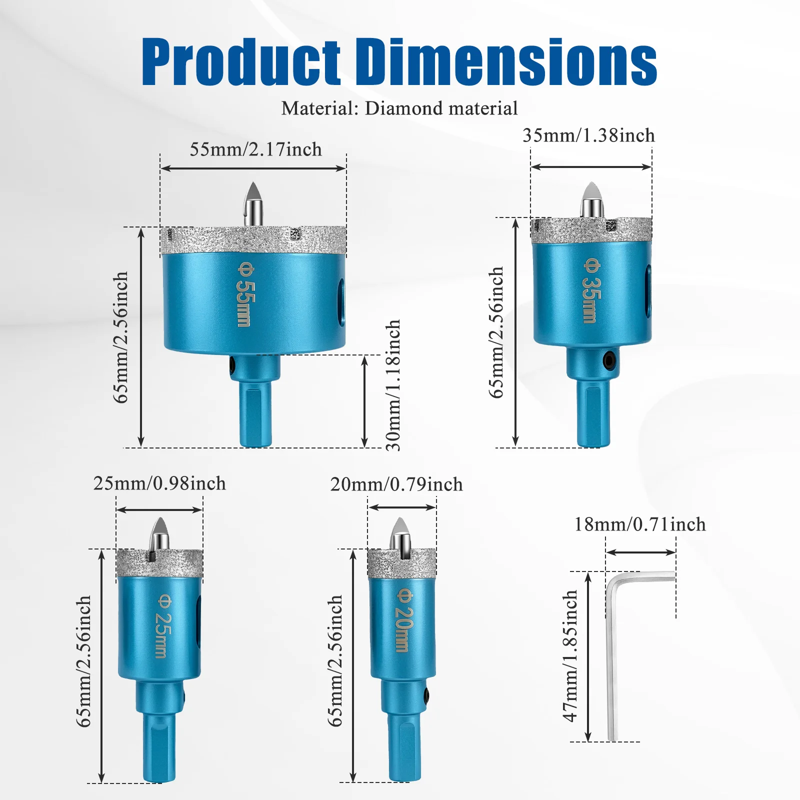 Diamond Hole Saw Set With Pilot Bit 4 Piece 20mm 25mm 35mm 55mm For Tile Porcelain Ceramic Glass Granite Hex Wrench Included