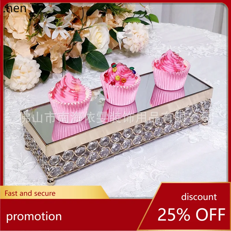 PYH Cake Stand Electroplated gold Iron Art Cake Square Dessert Table Pastry Display Crystal Octagonal Beads