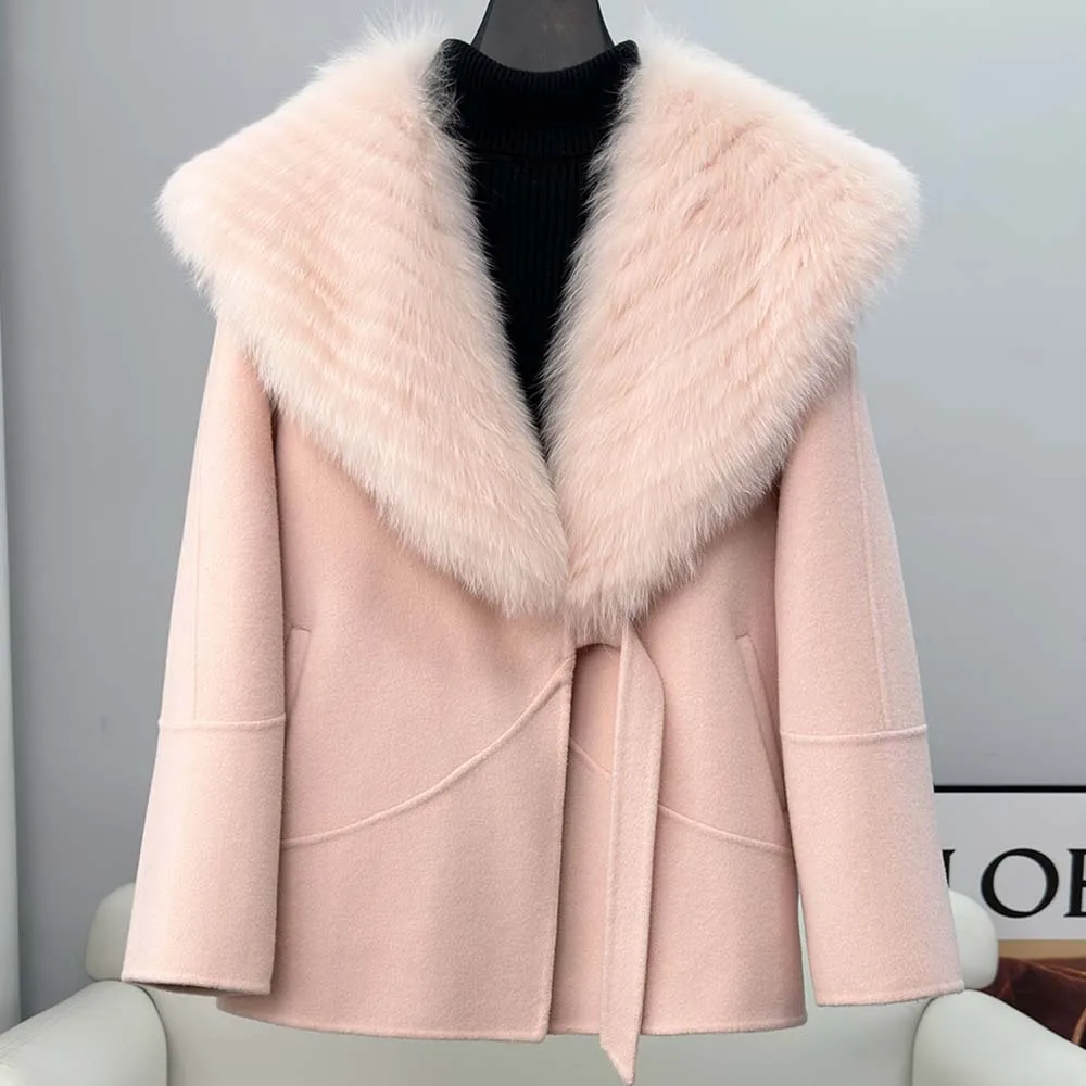 

Detachable fox fur collar double-sided woolen coat 2025 Autumn/winter new double-sided woolen woolen coat woman