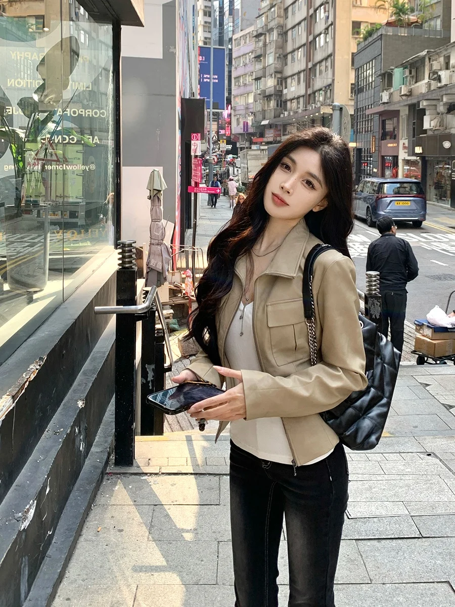 

He Chenxi Women's ort Slim Fit Biker Jaet Leather Coat Workwear Casual American Sle Retro Motorcycle Top Outerwear