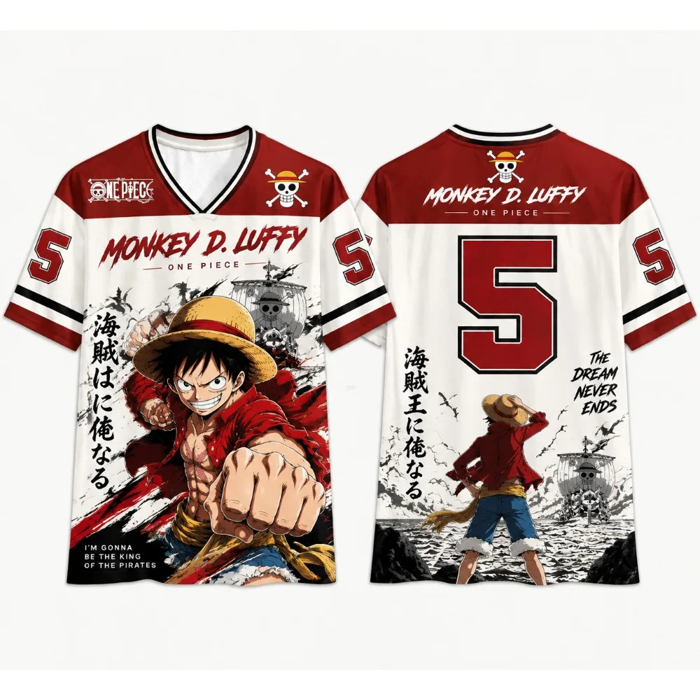 One Piece Monkey D. Luffy Themed Mesh Jersey Style T-Shirt – Digitally Printed Casual Sports Short-Sleeve Tee