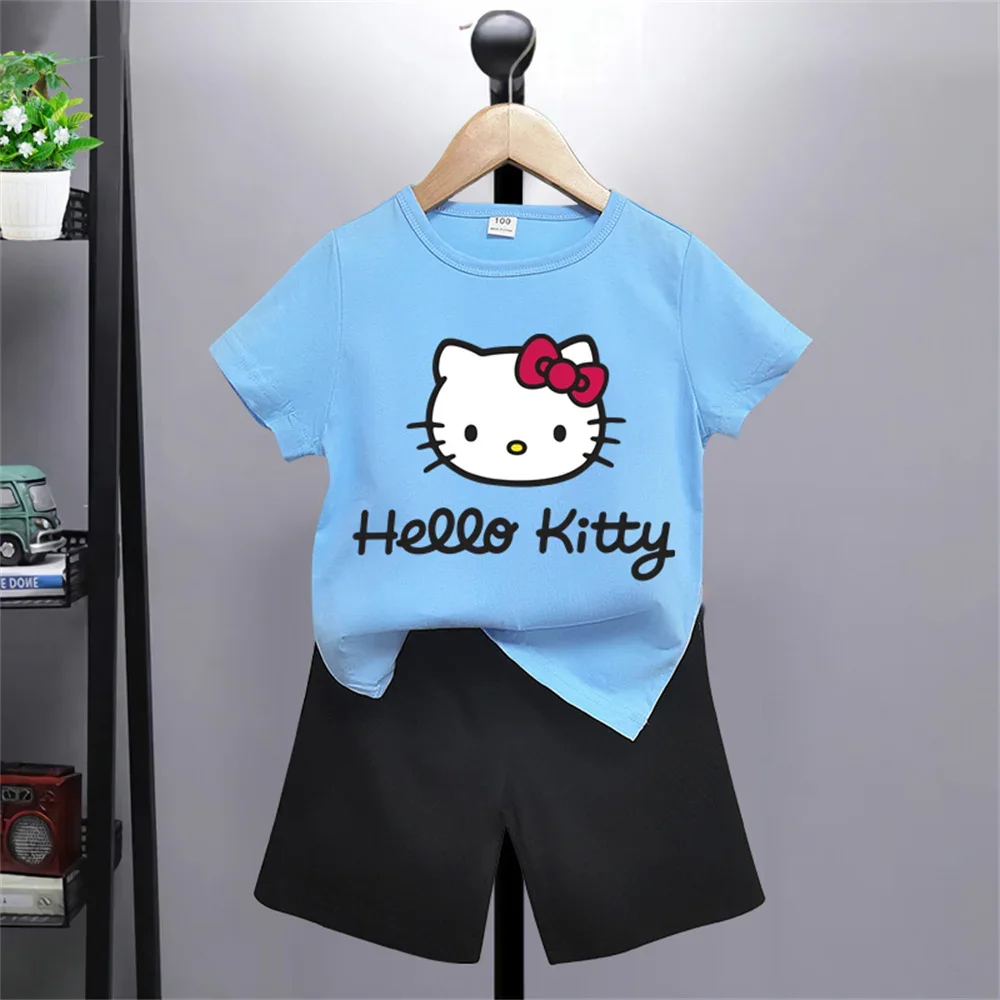 Top Designer Brands Hello Kitty Summer Suits Children's Clothing Boys Girls Clothing Tops Shorts Sportswear for Ages 3-14