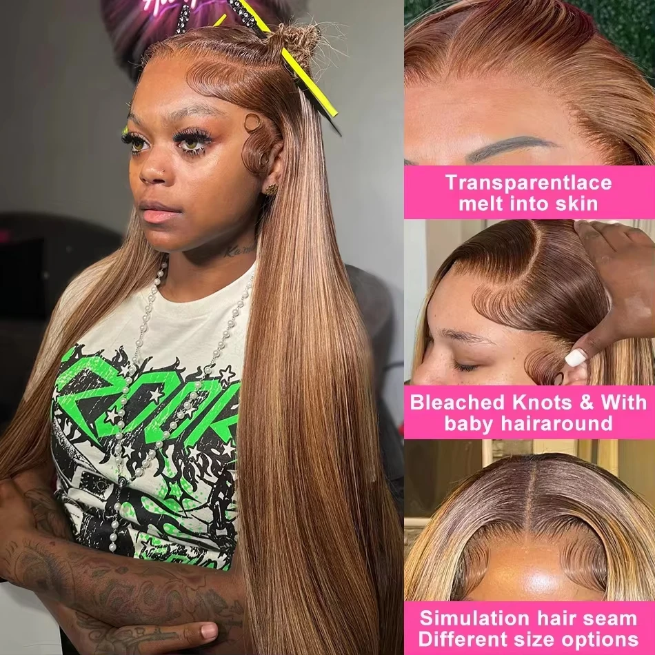 32 Inch 5x5 Straight Highlight HD Lace Front Human Hair 4x4 13x4 Lace Frontal Wigs 4/27 Ombre Honey Blonde Color Wig For Women image 3