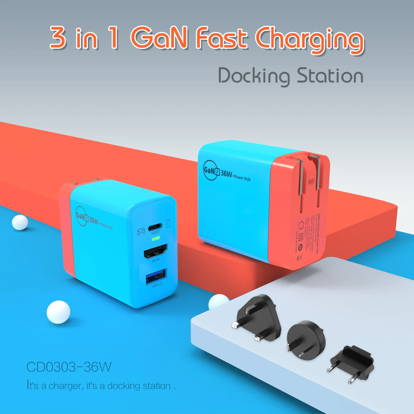 PSDA 3D GaN 65W Charger TV Docking Station USB C to 4K 60Hz HDMI USB 2.0 Hub for Nintendo Switch GaN Fast Charger