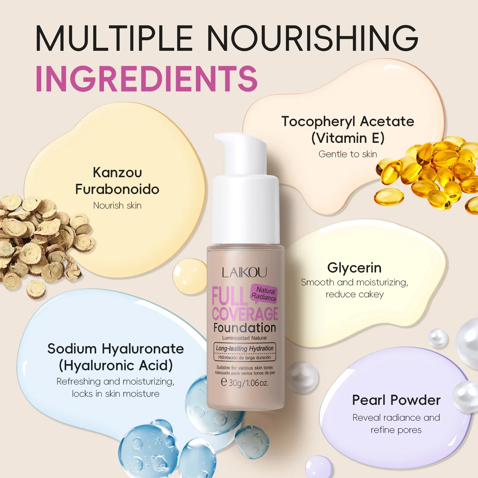 LAIKOU メイクアップベースフェイスリキッドファンデーション BB クリームコンシーラーモイスチャライザーオイルコントロール美白防水 Maquiagem メイクアップ 30 グラム