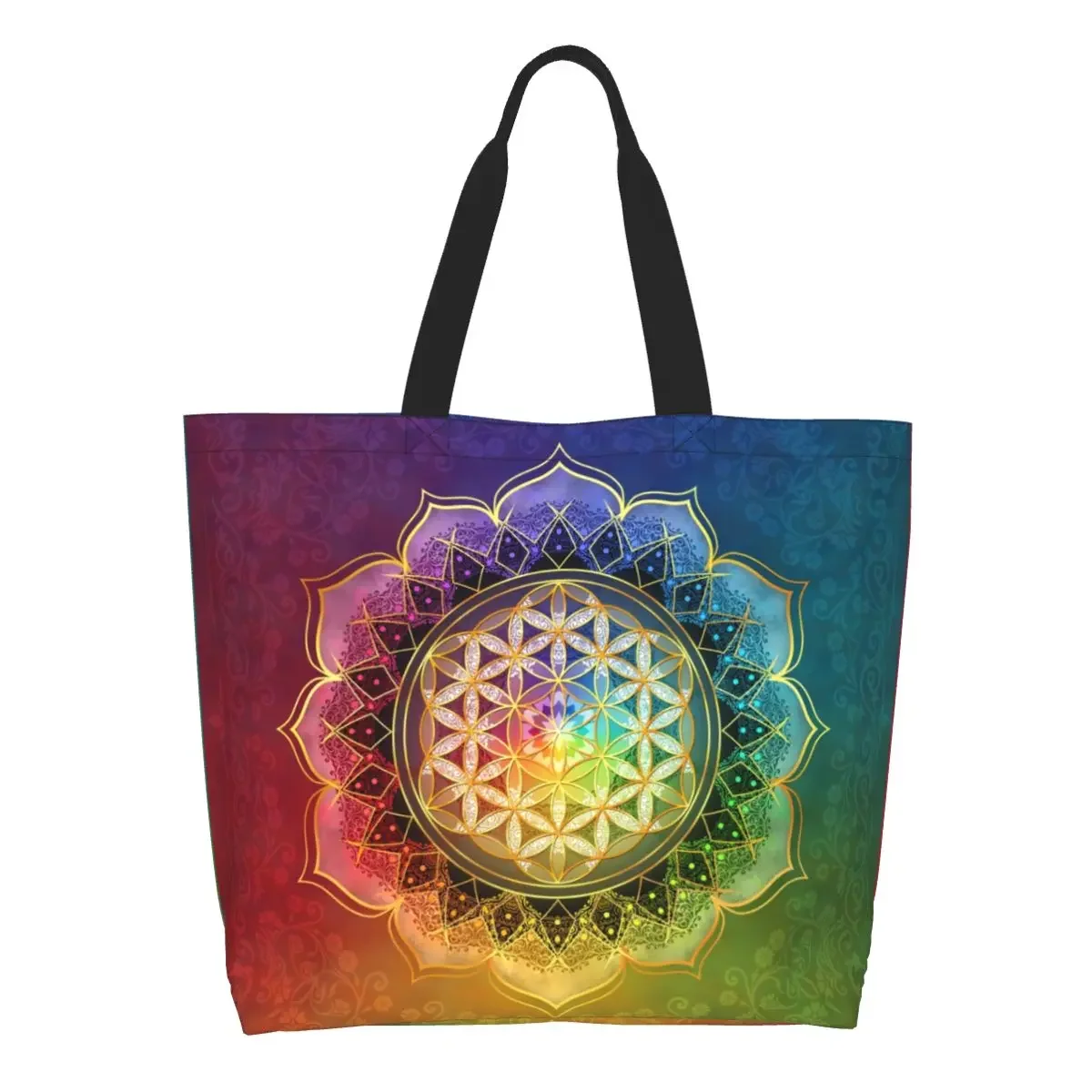 Funny Printing Rainbow Flower Of Life With Lotus Shopping Tote Bag Recycling Canvas Shoulder Shopper Sacred Geometry Handbag