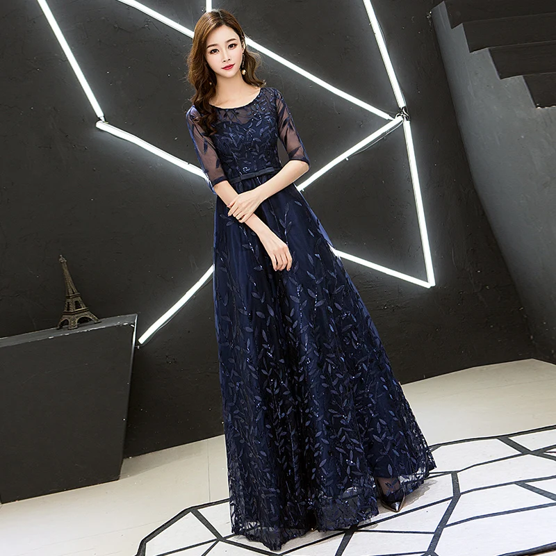 

Navy Blue Sequin Lace Evening Gowns Long Elegant Scoop Neck Floor-Length Women Wedding Party Dresses 2023