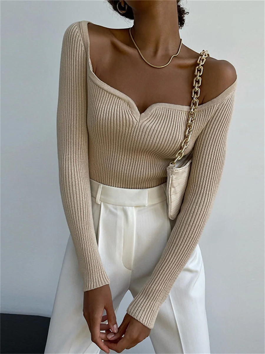 wsevypo Chic Autumn Knitted Ribbed Sweaters Casual Women Long Sleeve Sweetheart Neck Slim Pullover Tops Office Lady Jumpers