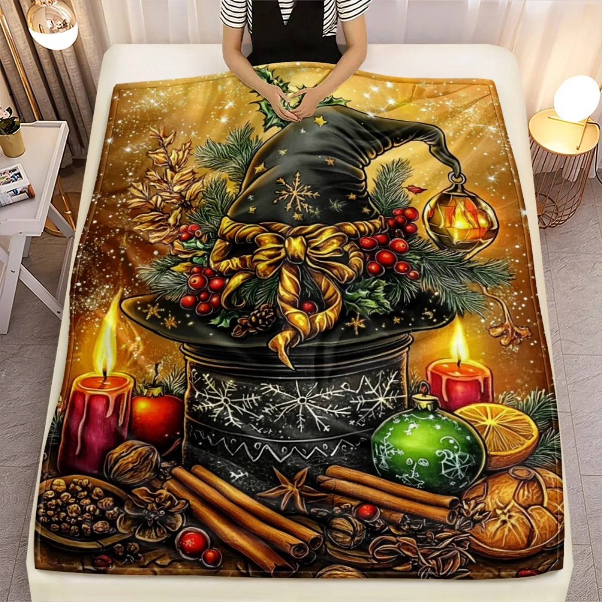 

Рождественская шляпа ведьмы, украшения в виде свечей, фланелевое одеяло, праздничное волшебное мягкое теплое одеяло для зимнего домашнего декора