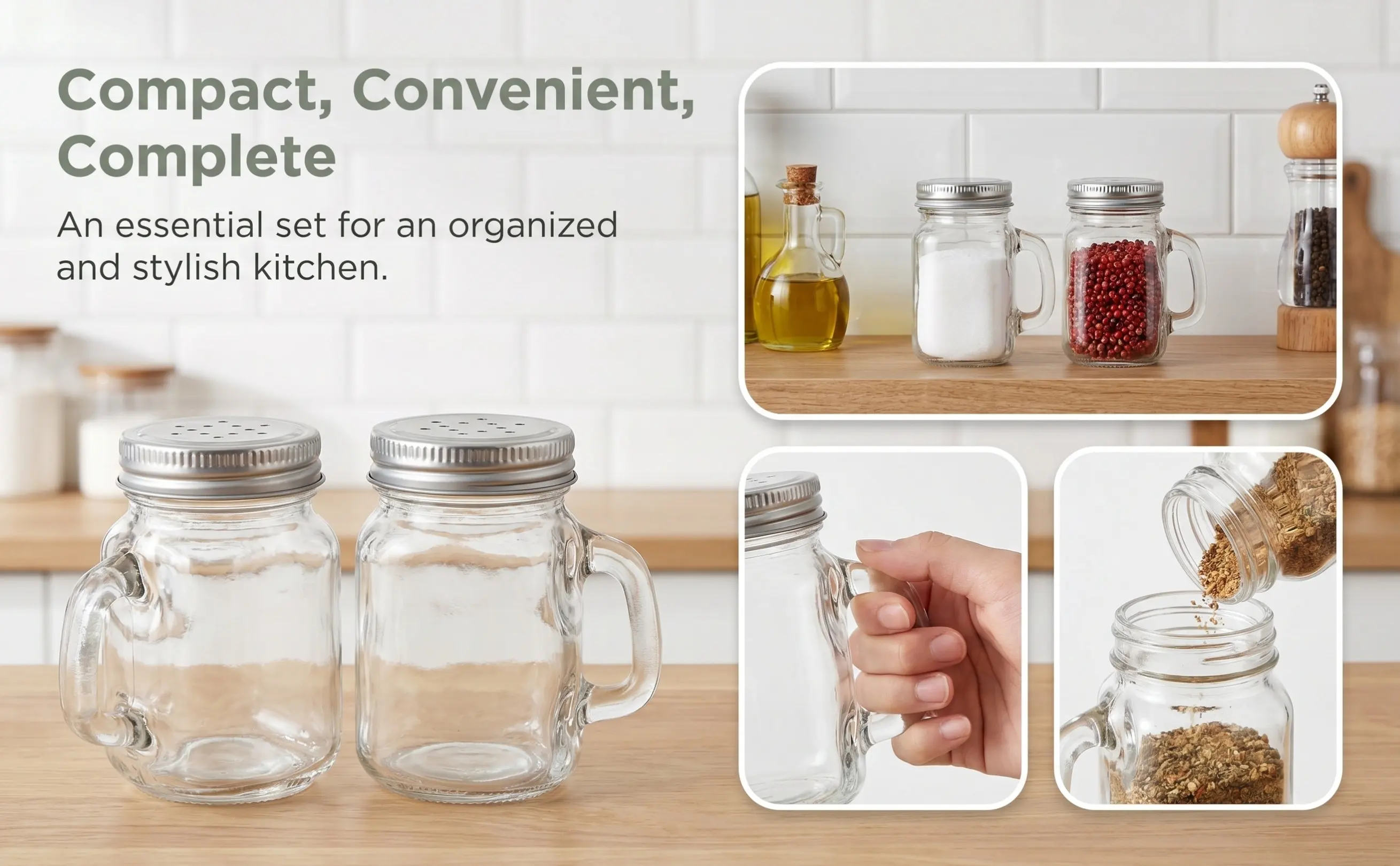 Leakproof Glass Seasoning Bottles Set – 2pcs Salt & Pepper Shakers, Compact Spice Jars for Kitchen, Cooking, BBQ