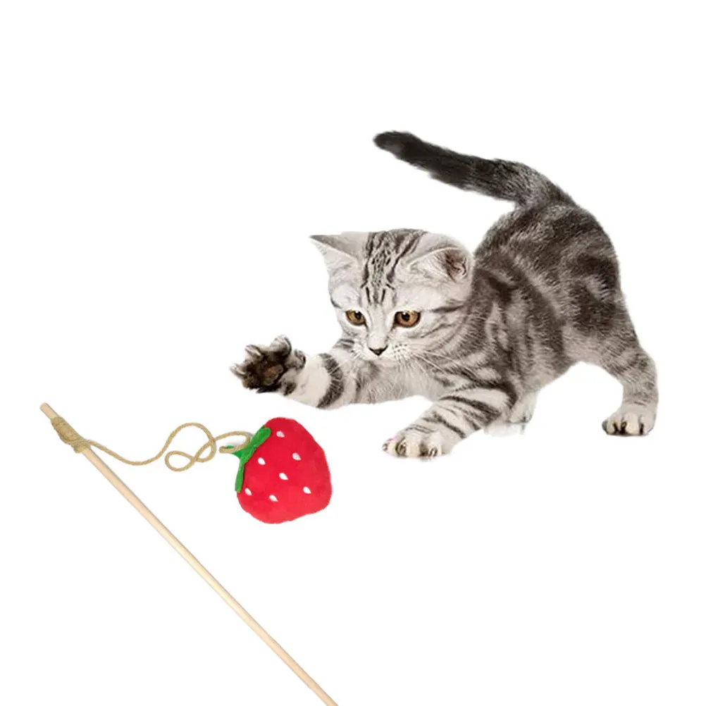 

Strawberry Cat Teaser Toy Post Wood Kitten Stick Long W Portable Interactive Pet Plaything Cartoon Soundable Cat Toy
