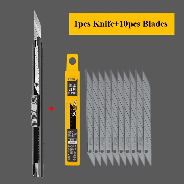 Deli 9 mm schwarzes Allzweckmesser, 30 Grad scharfer Kohlenstoffstahl, abschließbare Sk5-Klingen, automatisch verriegelnde Designmesser für das Heimbüro