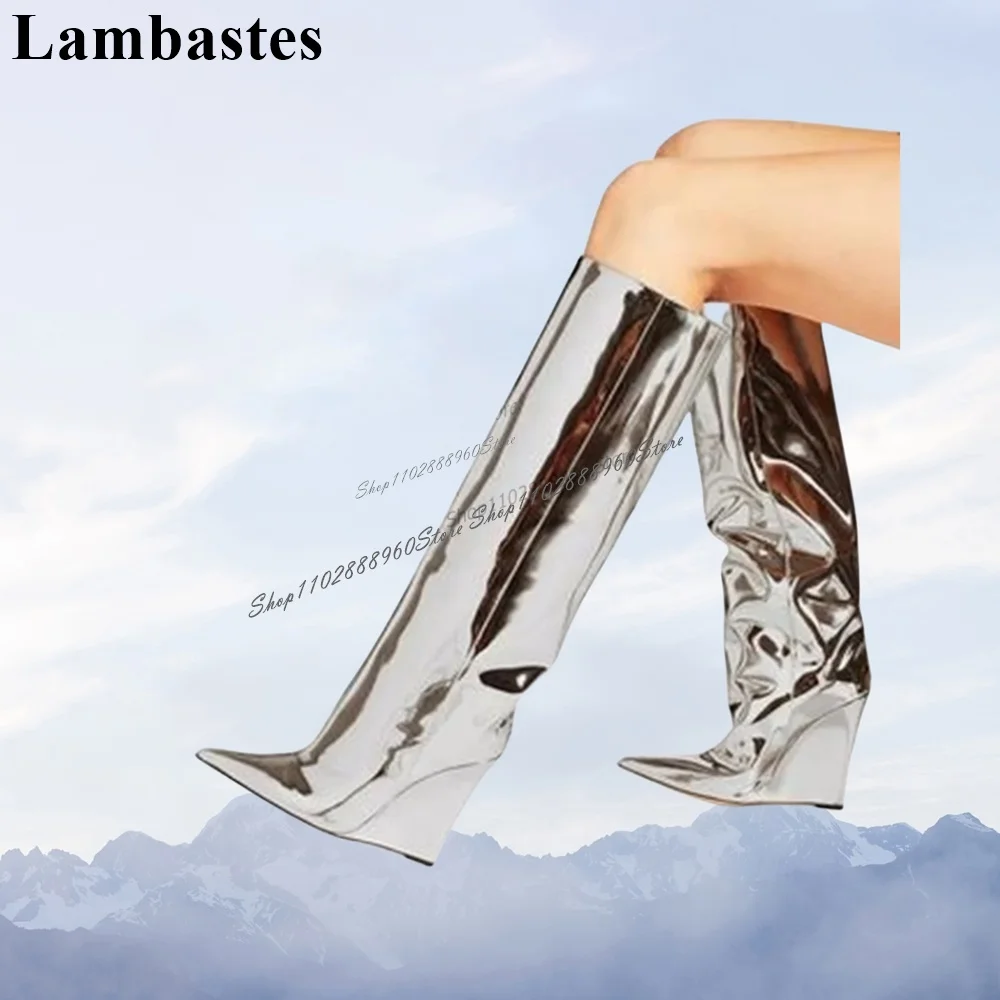 

Knee High Simple Style Silver Metallic Leather Boots Wedges Heel Women Shoes Slip-On Pointed Toe 2023 Fashion Zapatillas Mujer