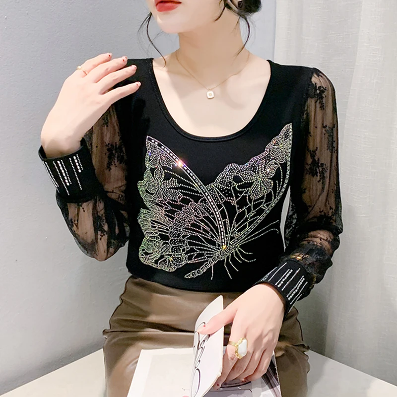 2024 Autumn New European Butterfly Hot Diamond Slimming Bottom Shirt Lace Long Sleeve Vintage Women\'s T-Shirt