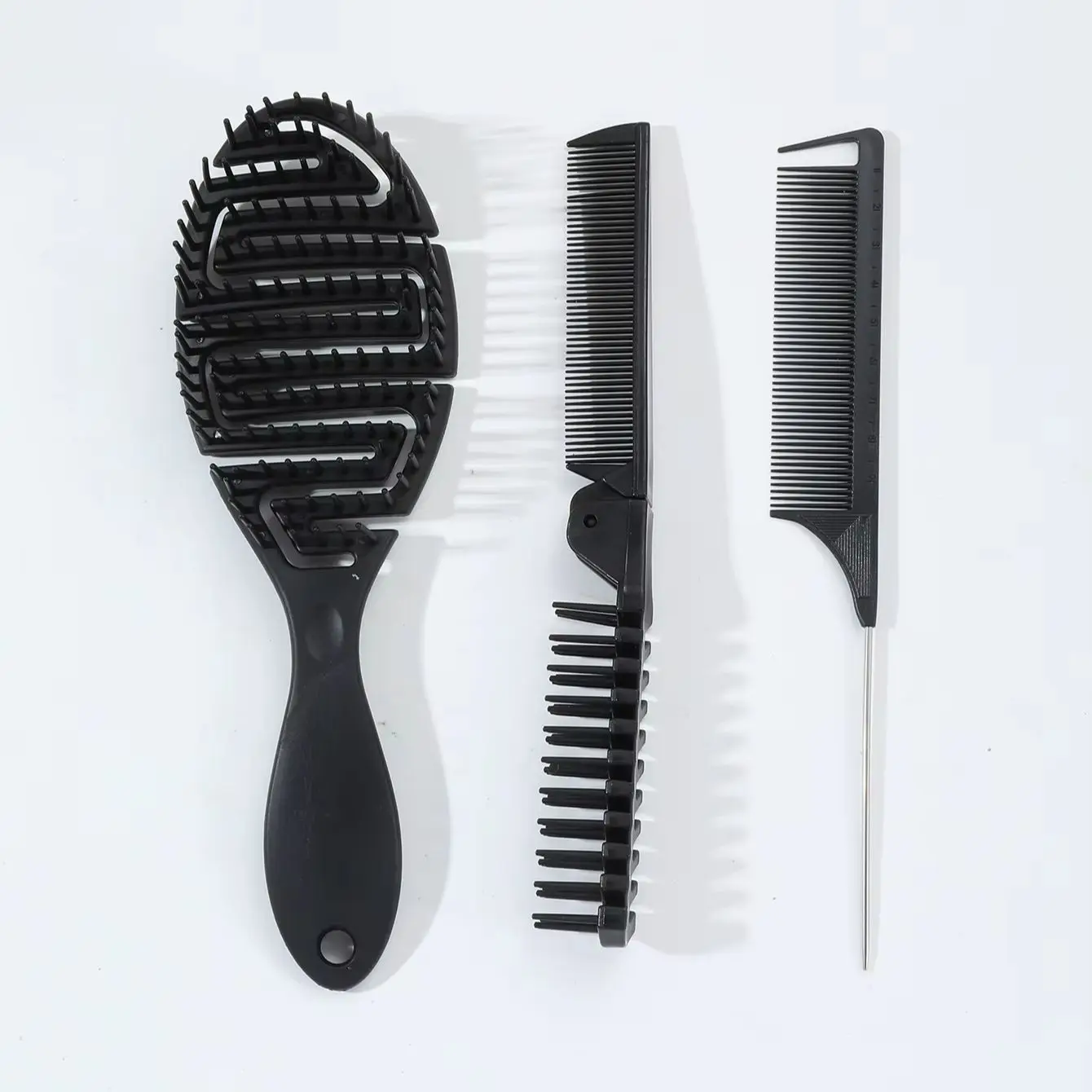 مجموعة مشط شعر مكونة من 3 قطع، مشط محمول قابل للطي، فرشاة تدليك فروة الرأس، مشط ذيل الفئران بإبرة معدنية خاصة للشعر المستعار الحقيقي