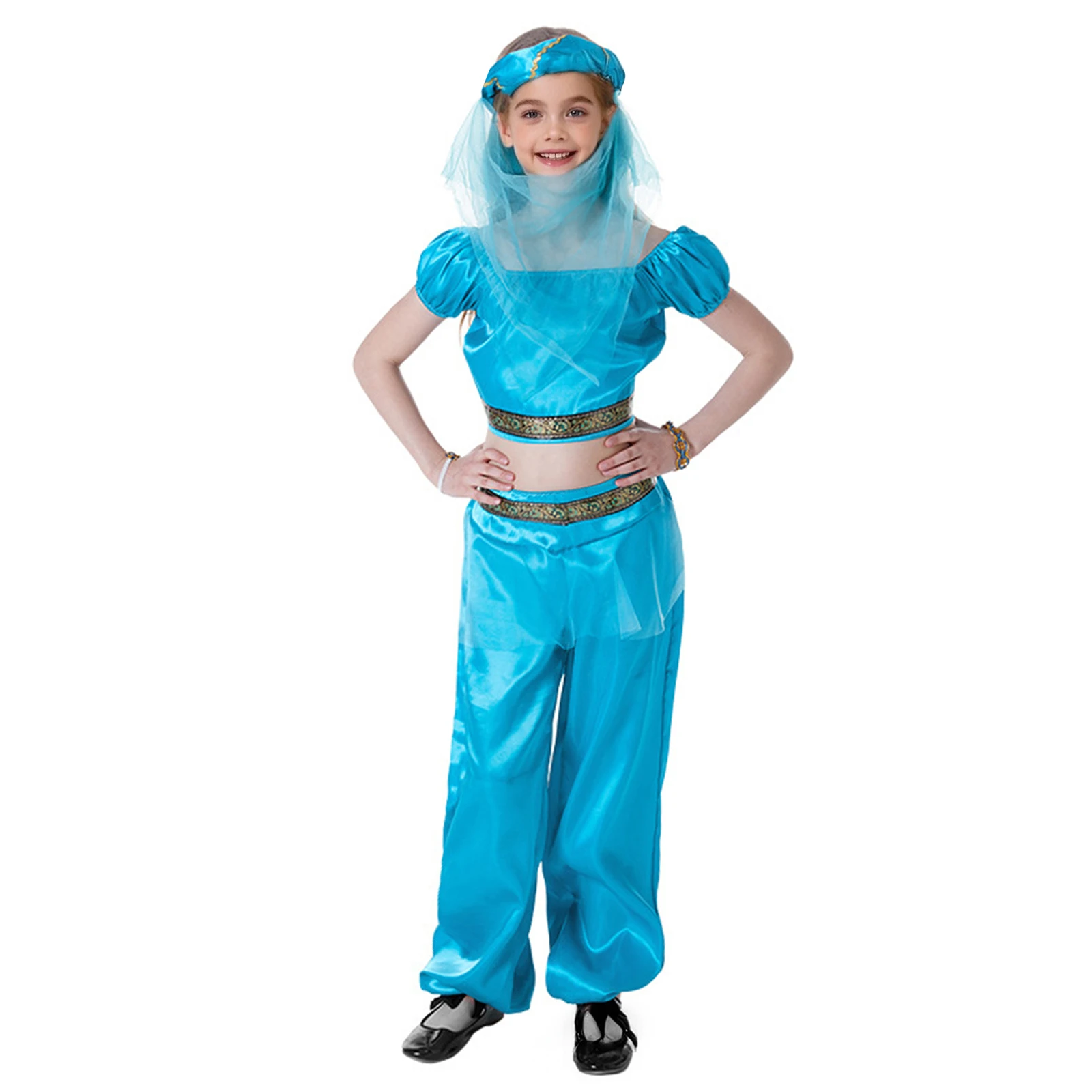 

Halloween Party Arabian Indian Princess Cosplay Dance Costume Crop Top with Pants with Hand Ornaments And Veiled Headpiece Suits