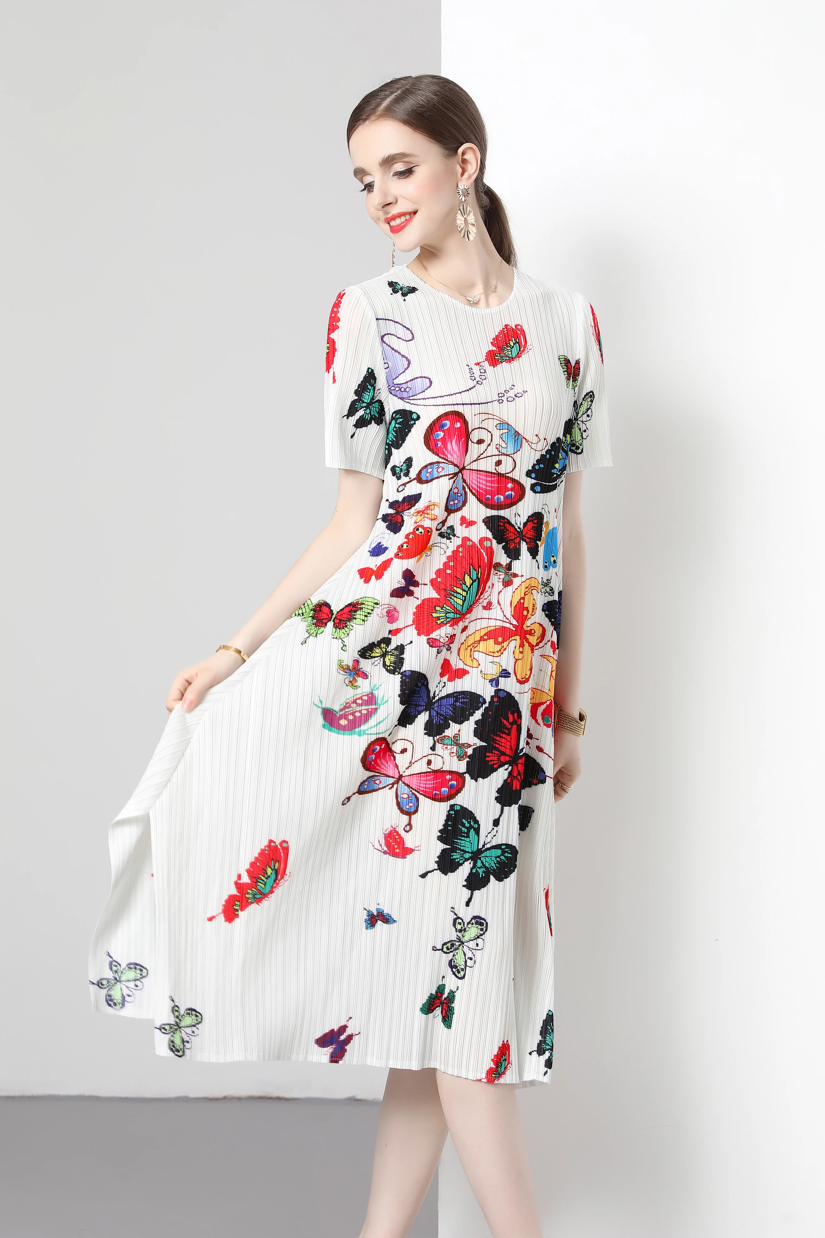 

Miyake Pleats Butterfly Print Long Dress New Summer Pleats Versatile Short-sleeved A-line Skirt Sweet Romantic Age Reduction
