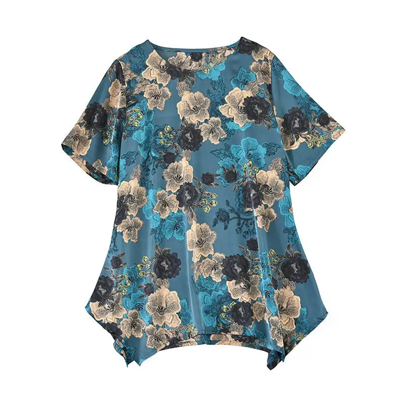 Oversized 6XL Flower Print T-Shirt Summer Fashion Women Clothing Casual Loose Pullover Korean Ladies Elegant O-Neck Vintage Tops