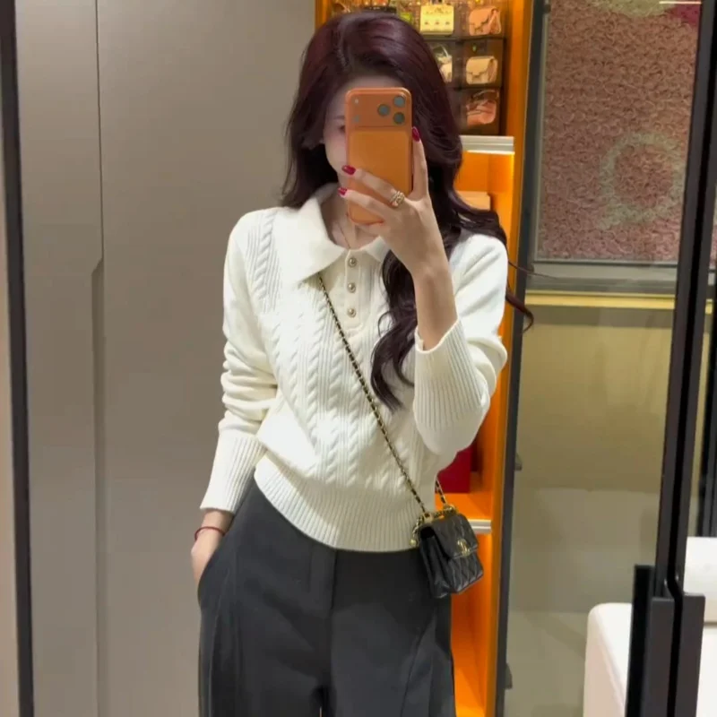 Fashion selling women's sweaters 100% pure cashmere lapel knit pullover long sleeve solid color basic sweater tops