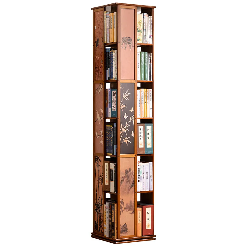 Medieval style rotating bookshelf floor shelf living room simple bookcase light luxury children's picture book rack integrated a
