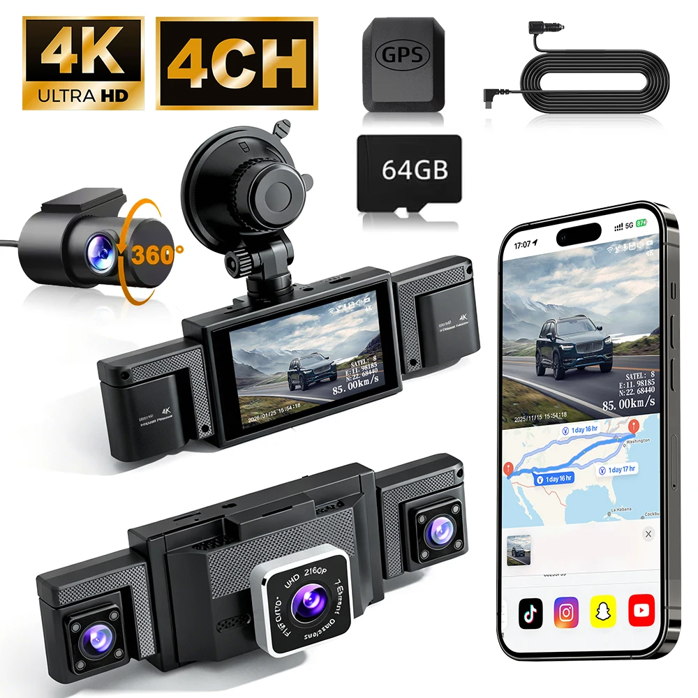 

4-Channel Dash Cam 360° 4K+1080P Front/Rear/Left/Right, 3" IPS Screen, WiFi GPS, Night Vision, G-Sensor, Loop Recording