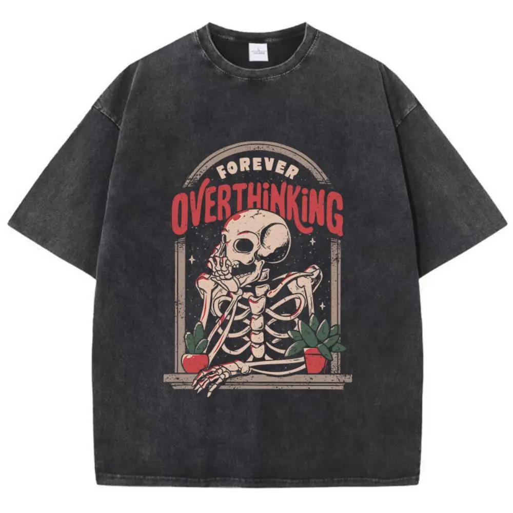 

2025 Casual Women'S Cotton Washed T-Shirts Skeleton Man on The Balcony Printing Tops O-Neck Soft Short Sleeve Female Clothes