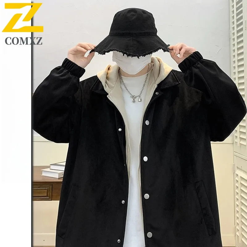 

COMXZ 2025 Men Women Unisex Fake Two Piece Hooded Jacket Hong Kong Style Oversize Original Streetwear Casual Sport Coat