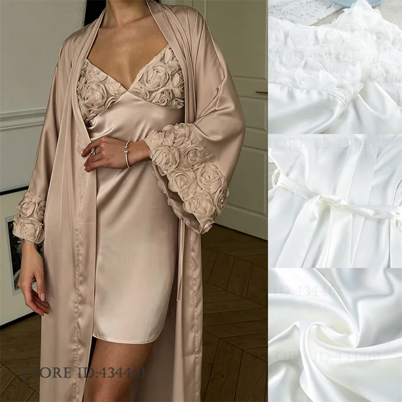 New Female Twinset Robe Set Nightgown Sexy Patchwork Lace Suspender Nightgown Lingerie Summer Satin Sleepwear Homewear Lingerie
