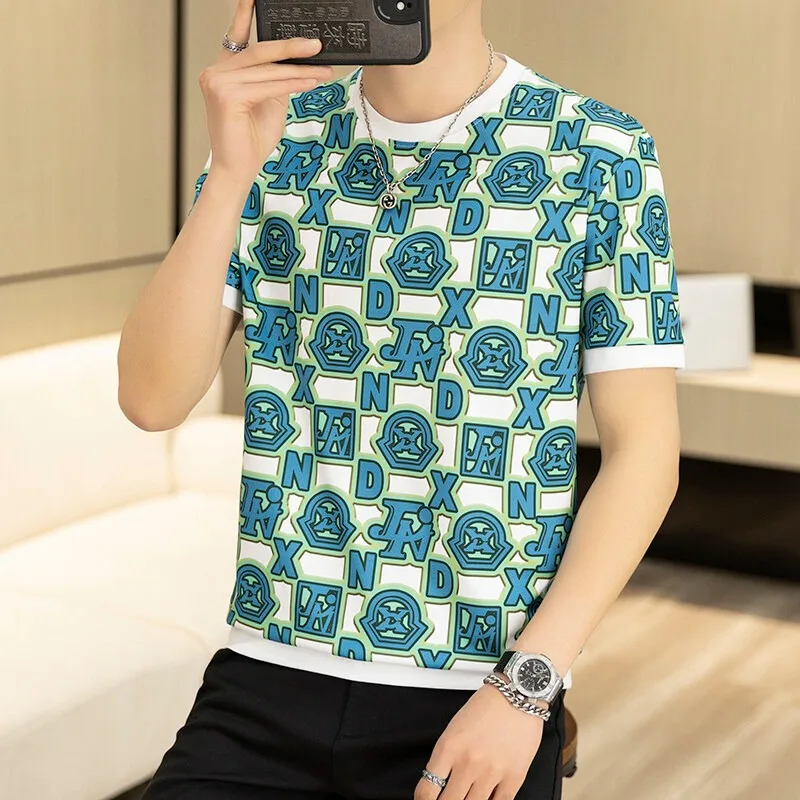 

Summer Letter Print Short Sleeve T-shirts for Men Luxurious Retro Round Neck Casual T-shirt Social Nightclub Tee Tops Streetwear
