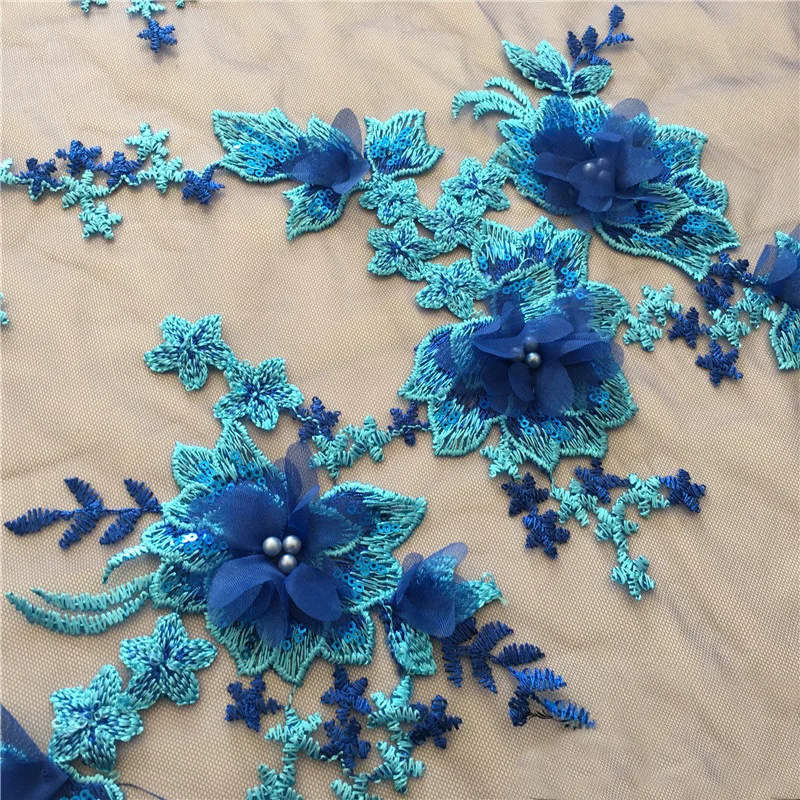 Blue 3D Beaded Floral Lace Fabric Chiffon Appliqué Mesh Embroidery Fabric for Bride Width 120cm Sold by the yard