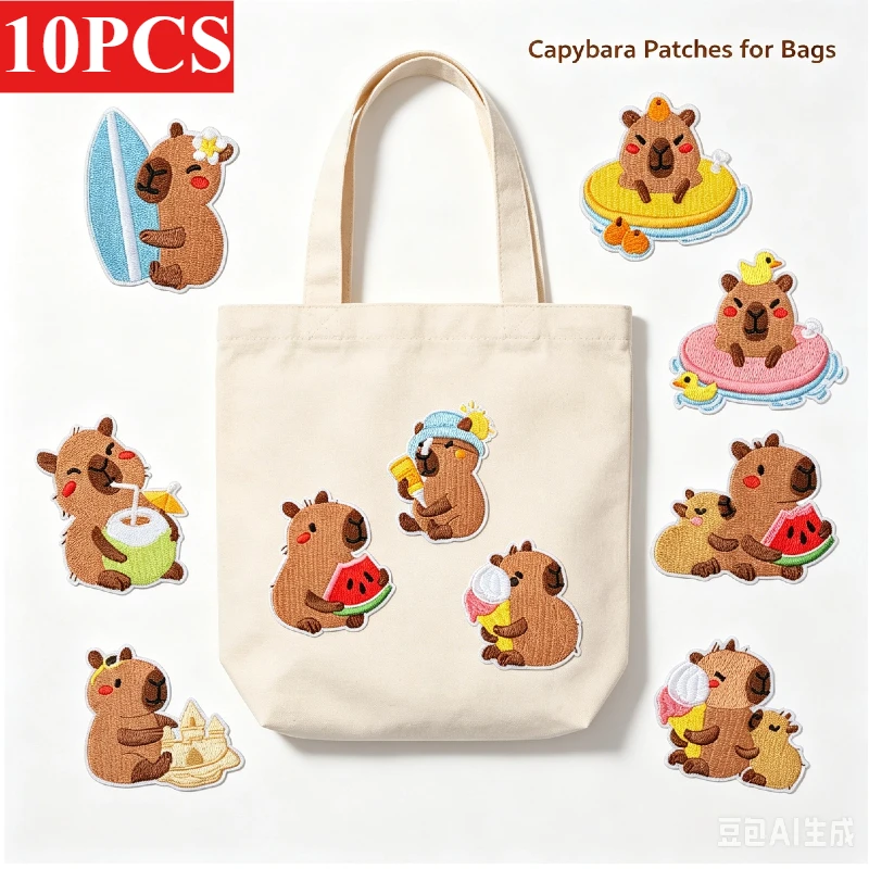 10 PEÇAS A GRANEL: Patch de Desenho Animado de Marmota Surfista, Bordado de Capivara Fofa Termocolante para Chapéus e Bolsas Infantis DIY