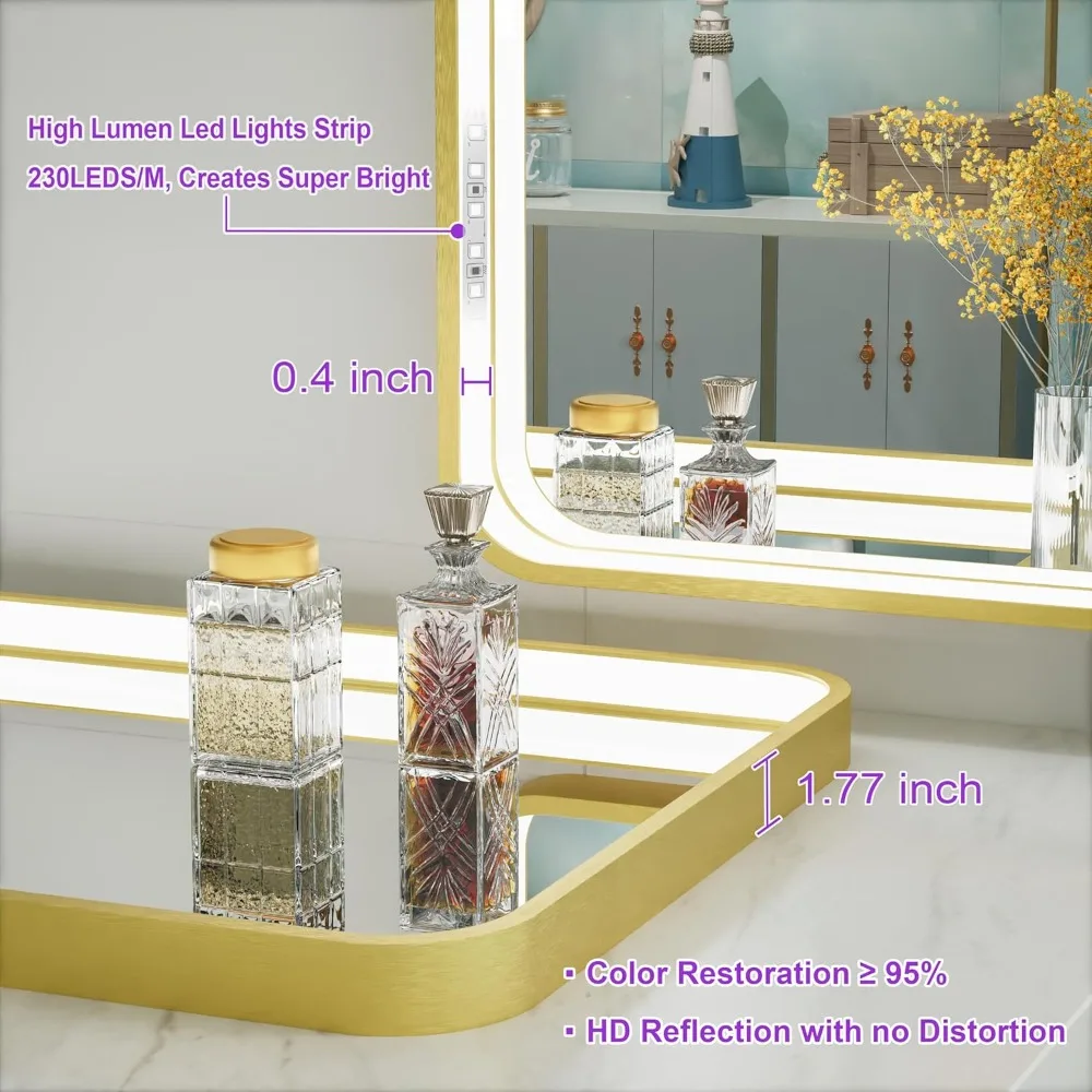 24 X 36 Inch LED Bathroom Mirror, Wall Mounted Gold Frame Vanity Mirror with Lights, Anti-Fog Memory Funtion Stepless Dimmable